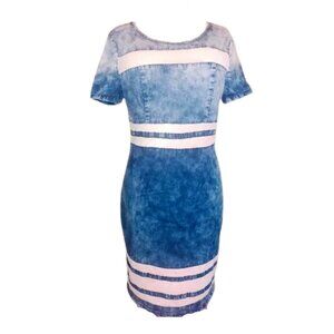 MeBon stretch acid wash blue jeans short sleeve mini dress, mesh inlay, Sz: S